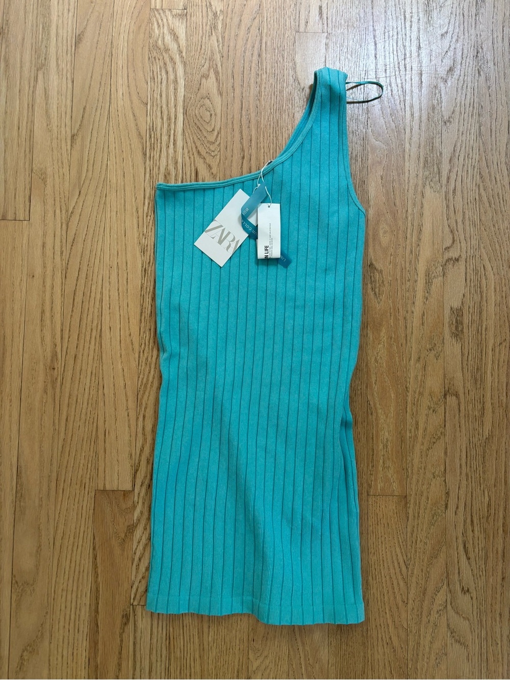 Zara Turquoise Ribbed One-Shoulder Dress